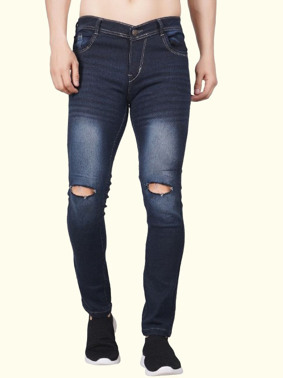 

LINARIA Men Classic Mid-Rise Slash Knee Heavy Fade Slim Fit Jeans, Blue