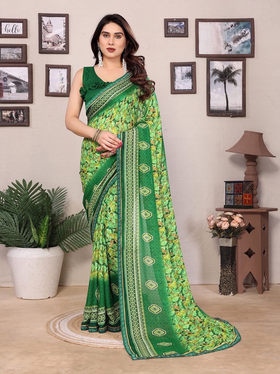 

Nirmohi Fashion Printed Beads and Stones Saree, Green