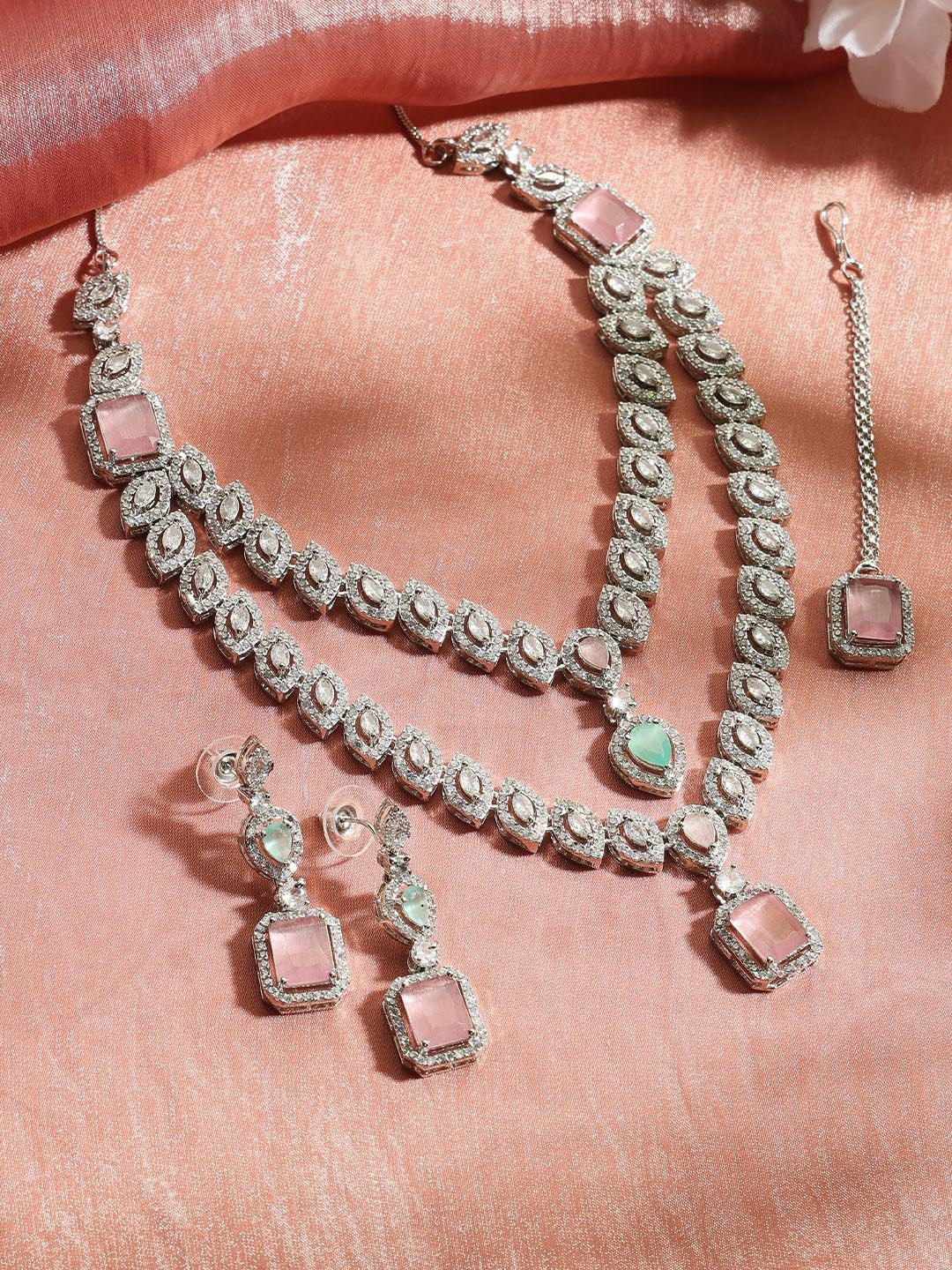 

justpeachy Rhodium Plated American Diamond Studded Jewellery Set, Silver
