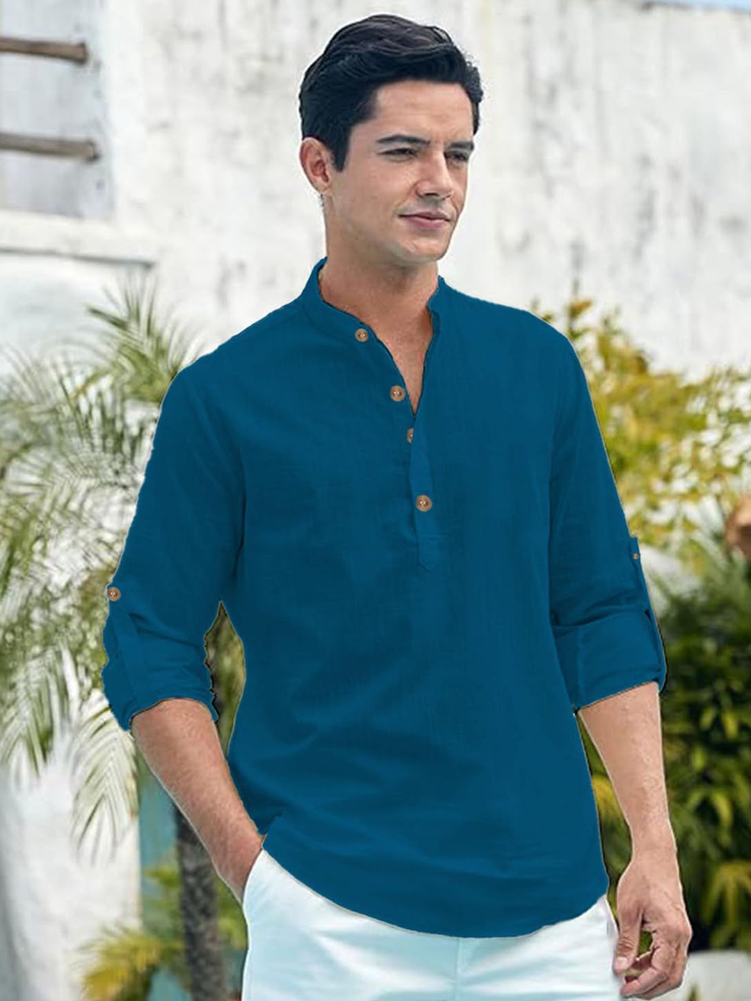 

EdinWolf Men India Slim Fit Band Collar Solid Cotton Casual Shirt, Teal