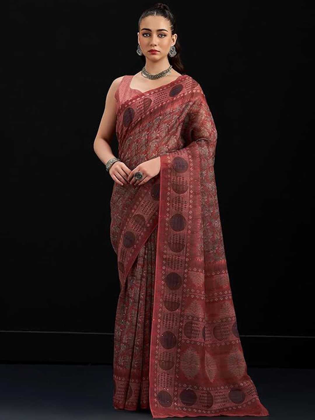 

BW X BUTTERFLY Floral Printed Pure Cotton Saree With Blouse, Maroon