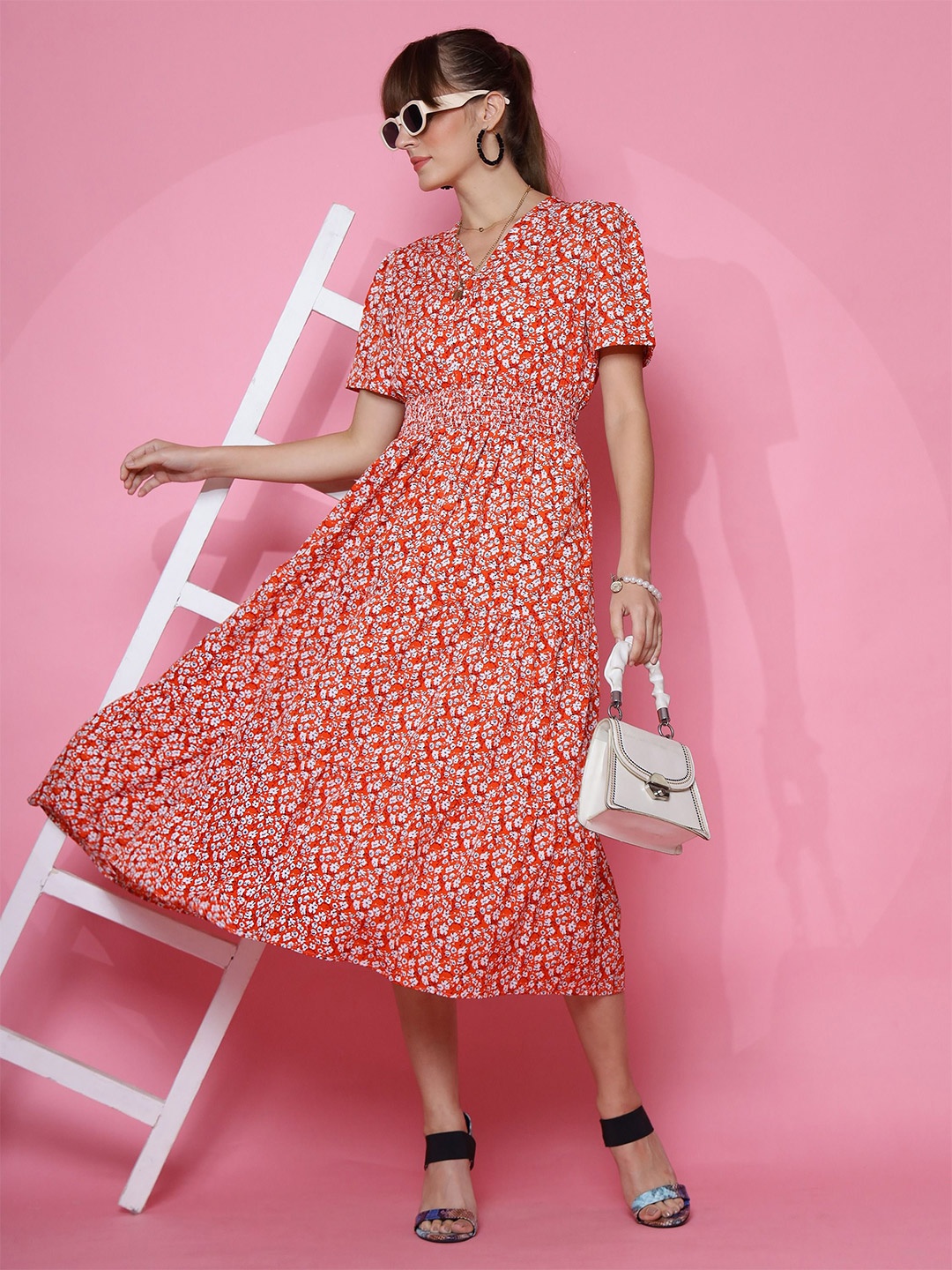 

De La Moda Women Floral Printed Fit & Flare Midi Dress, Red