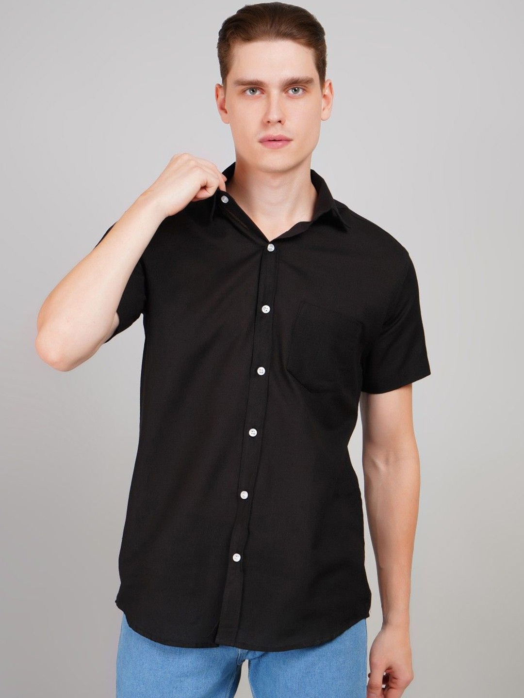 

LOUIS MONARCH Men Regular Fit Spread Collar Solid Cotton Casual Shirt, Black