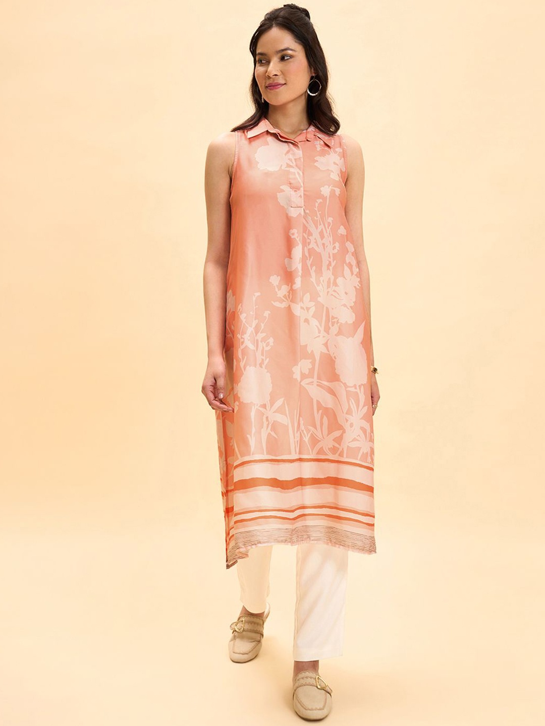 

Marigold Lane Floral Printed Shirt Collar Straight Kurta, Peach