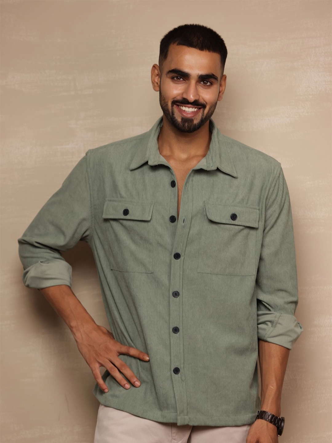 

Uncluttered Closet Men Relaxed Textured Oversized Cotton Casual Shirt, Olive