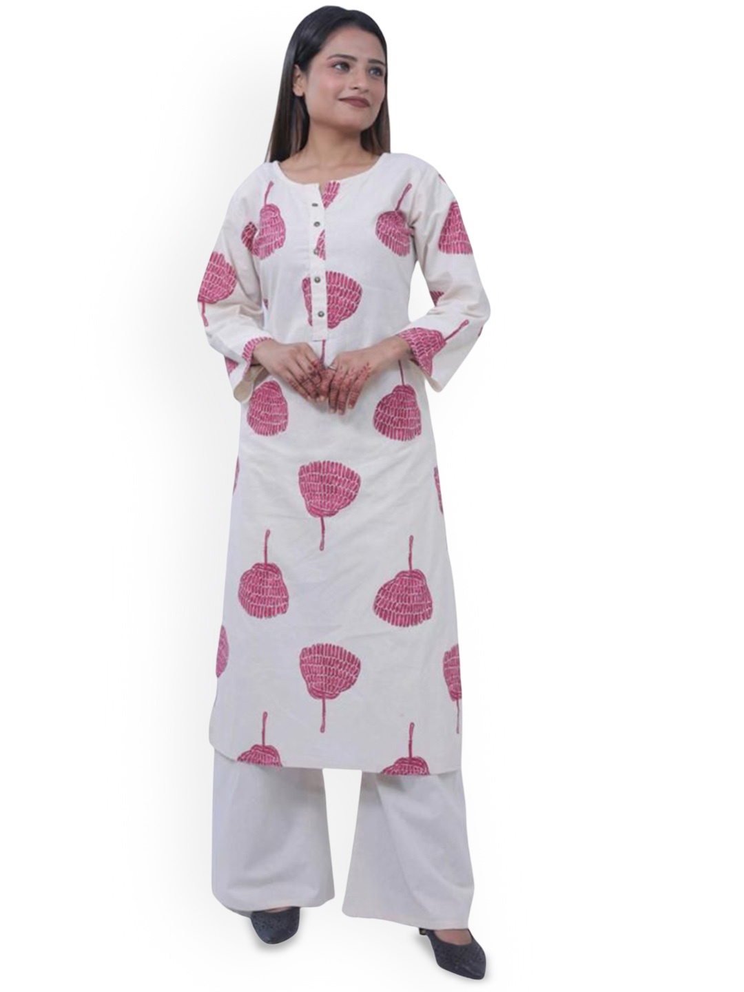

Wavy Collection Floral Printed Jute Cotton Straight Kurta with Palazzos, Cream