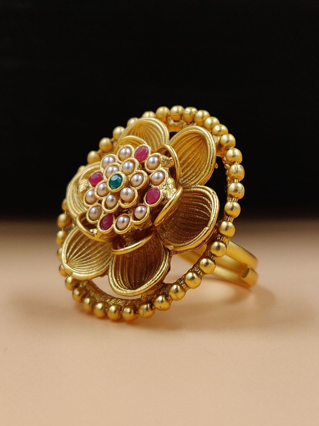 

JYONA Gold-Plated Stone-Studded Adjustable Finger Ring