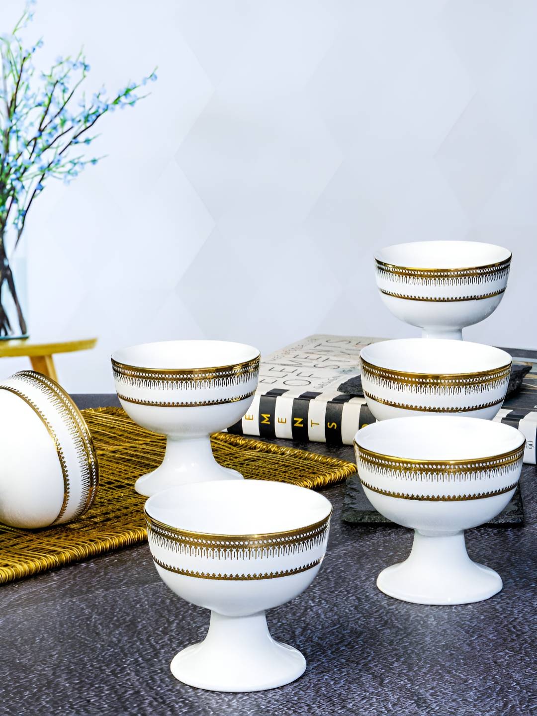 

Roxx White 6 Pieces Printed Porcelain Dishwasher Safe Glossy Footed Serving Bowl