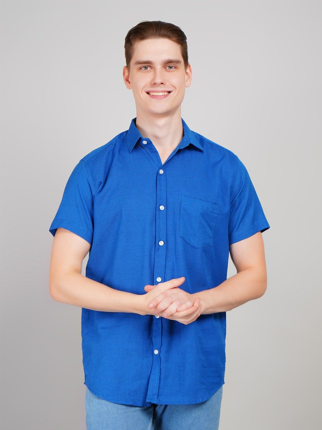 

LOUIS MONARCH Men Regular Fit Spread Collar Solid Cotton Casual Shirt, Blue