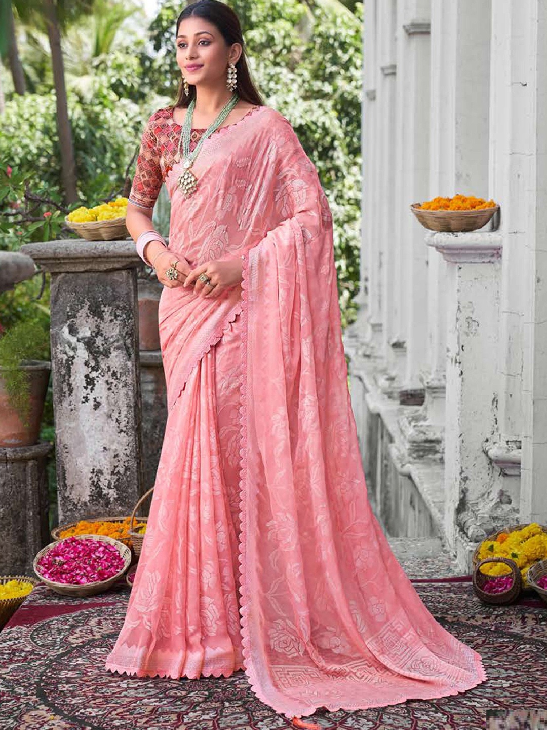 

MAHALASA Floral Pure Chiffon Saree, Pink