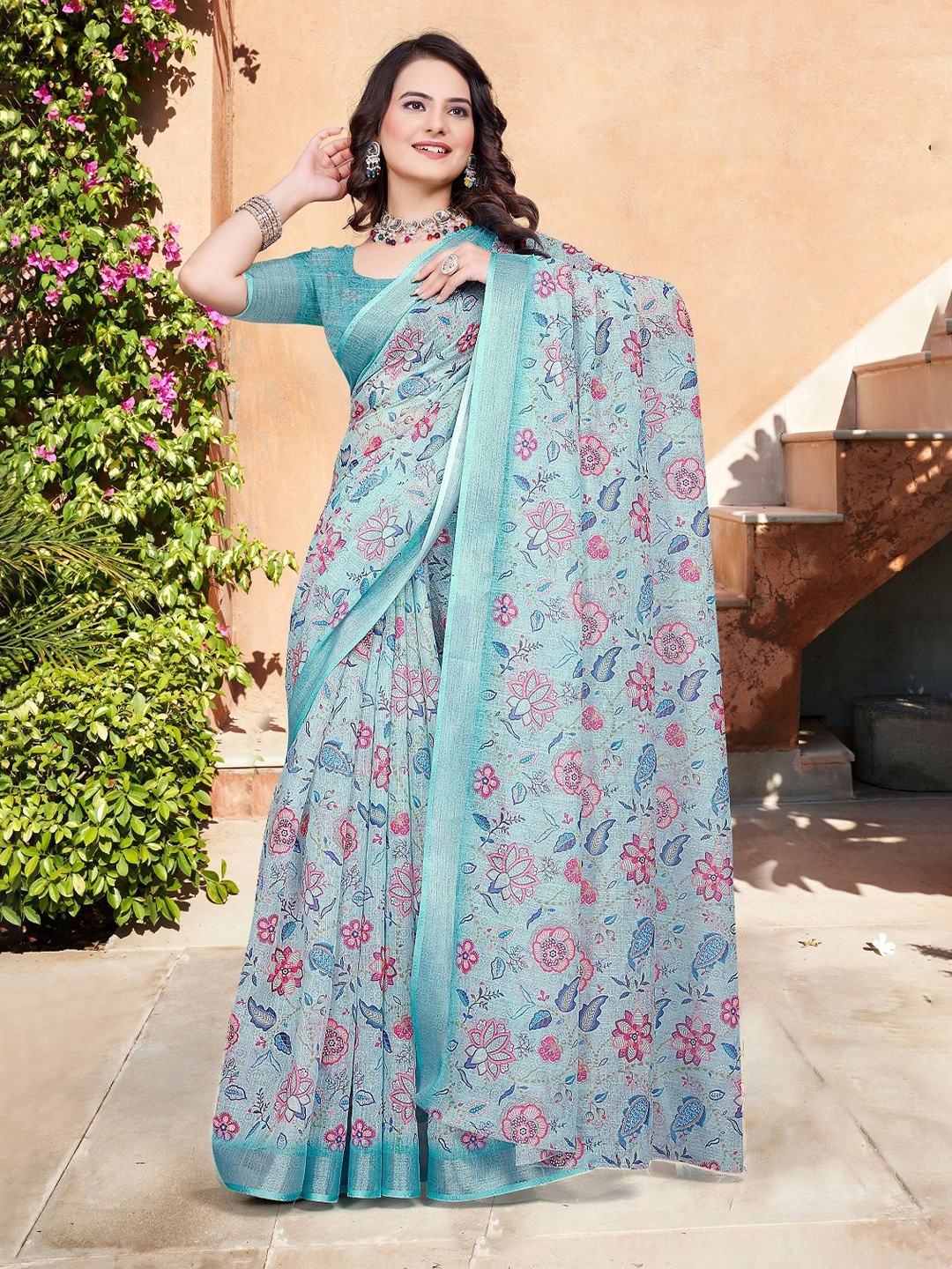 

Nimidiya Floral Printed Pure Cotton Saree, Green