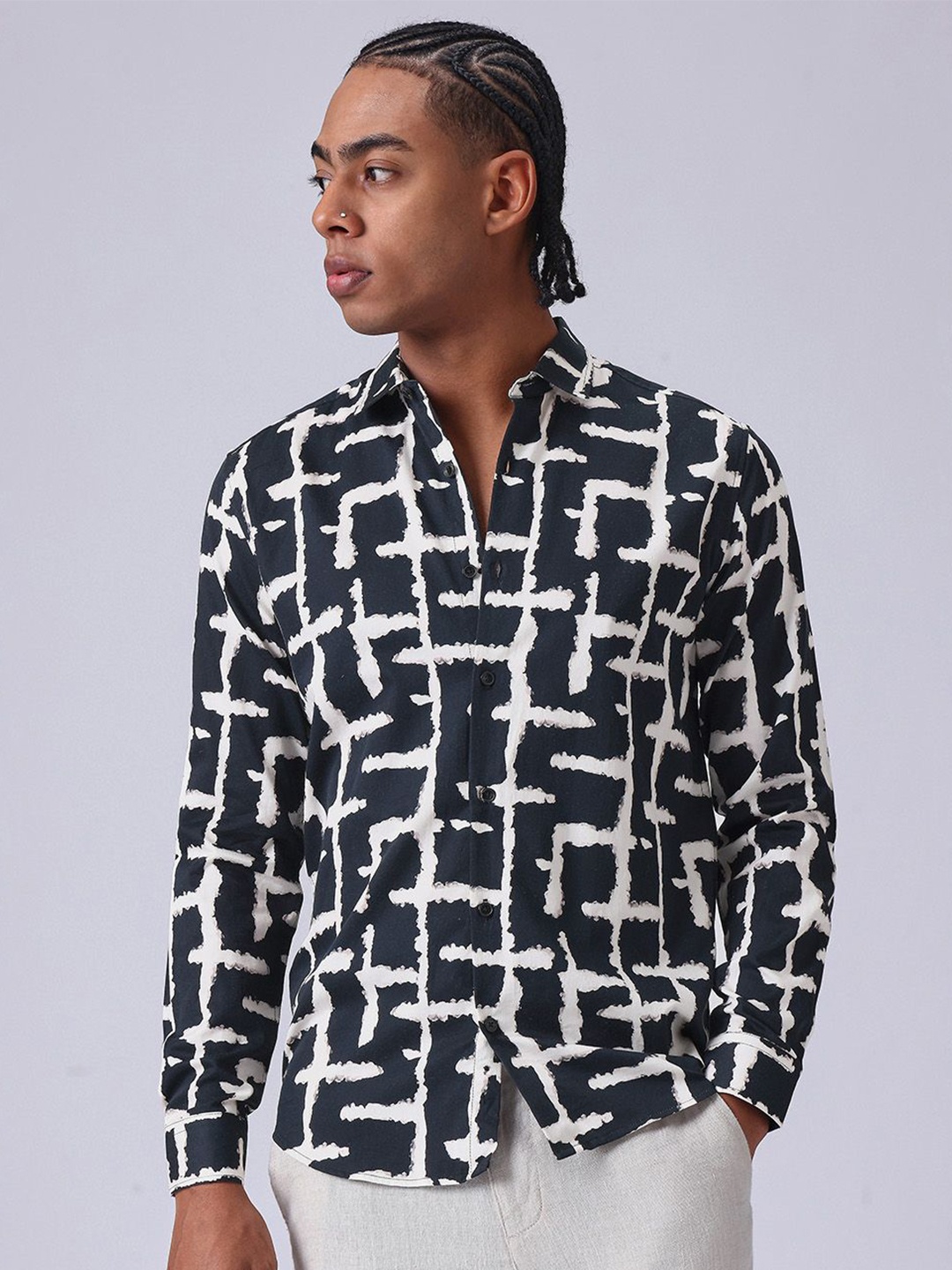 

Banana Club Men Classic Slim Fit Opaque Abstract Casual Shirt, Black