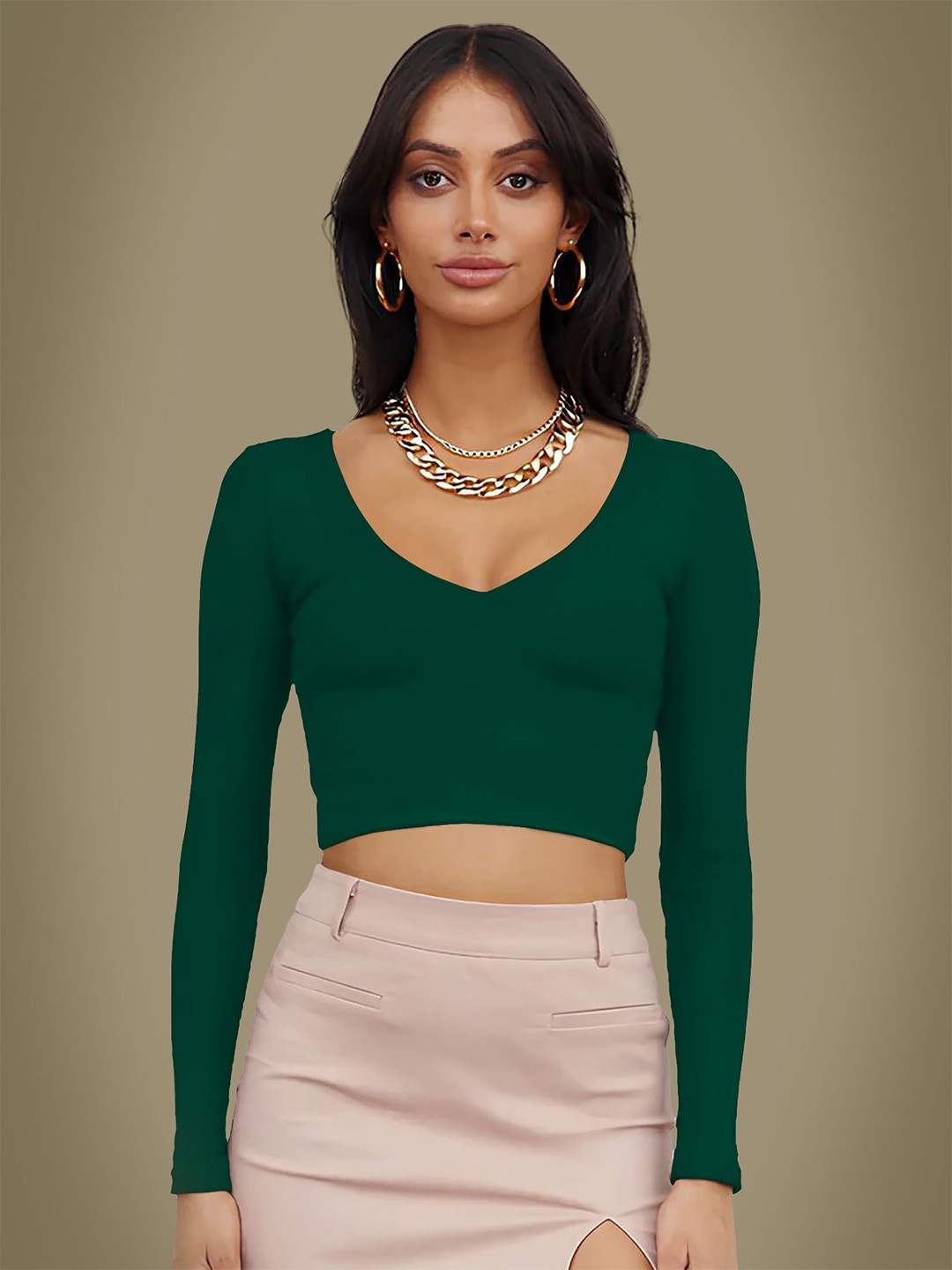 

Dream Beauty Fashion Solid V-Neck Long Sleeves Crop Top, Green