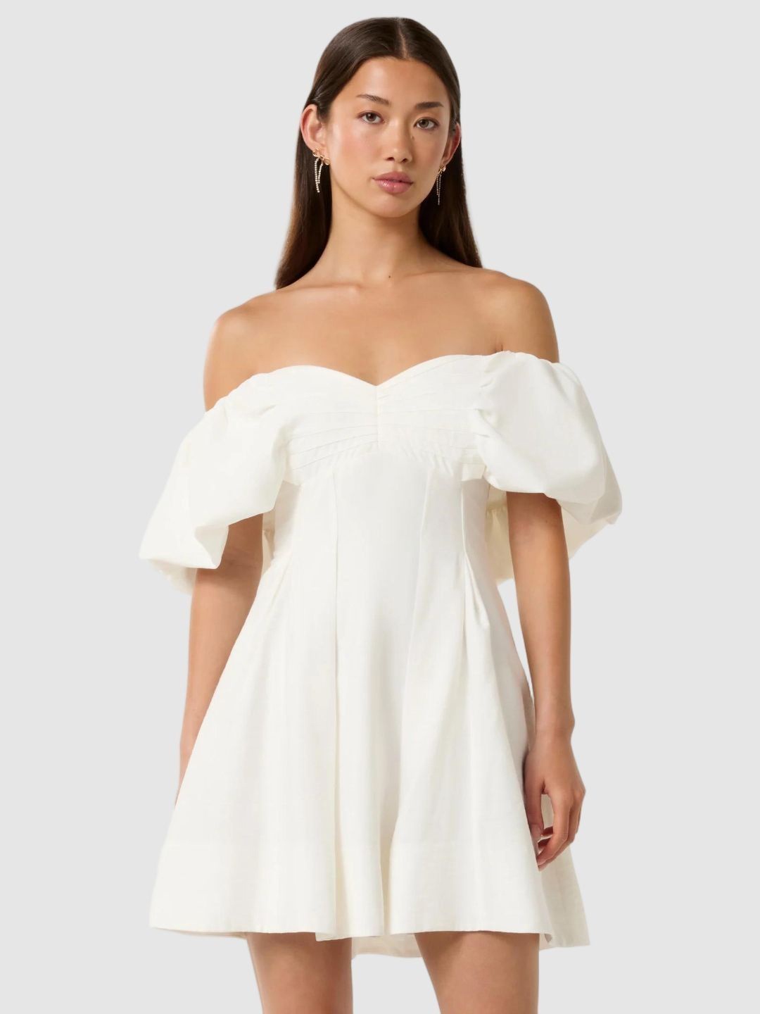 

Forever New Women Off Shoulder Bishop Sleeve Mini Fit & Flare Dress, White