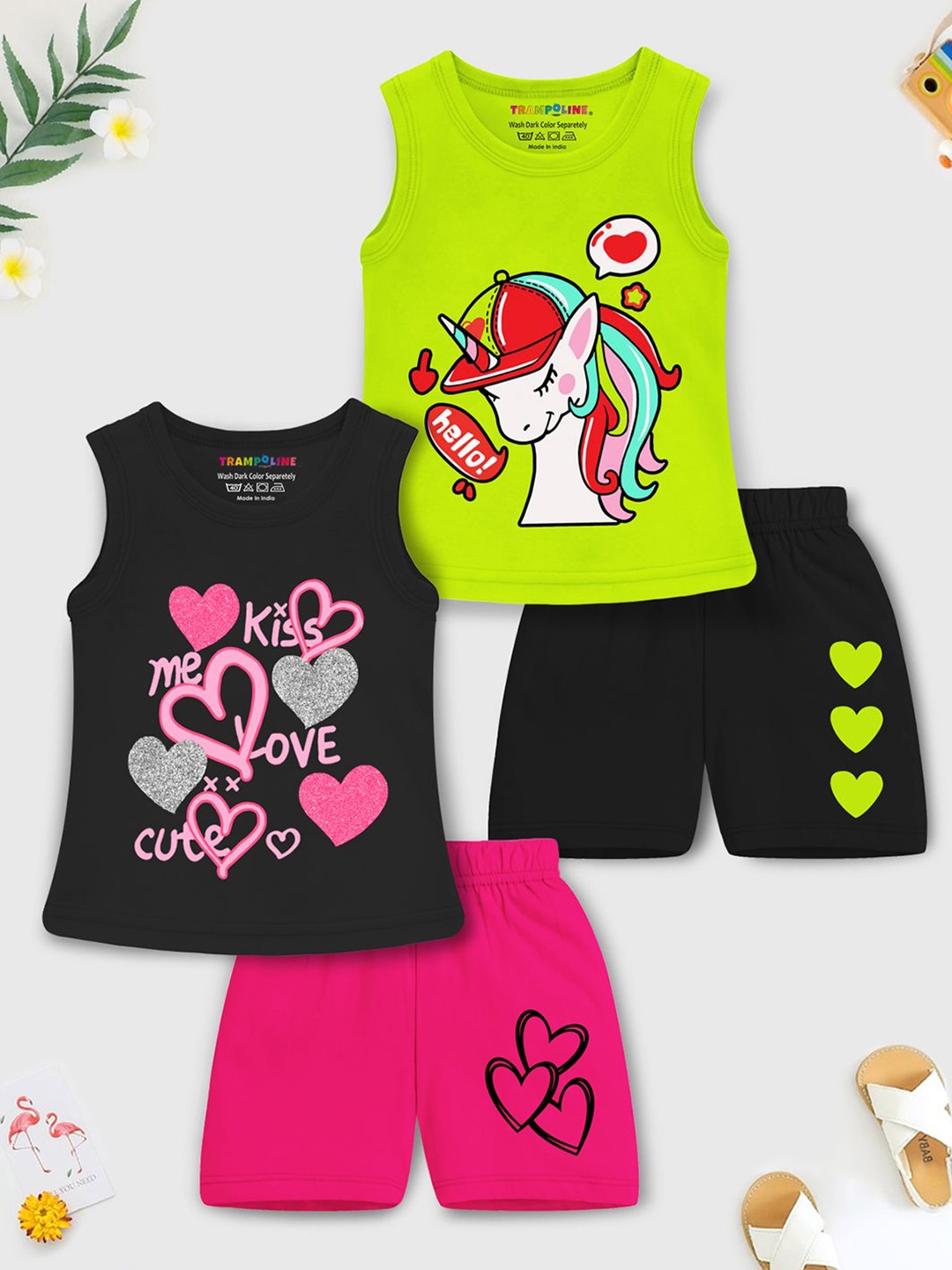 

YK X Trampoline Girls Pack Of 2 Printed T-shirt with Shorts, Green