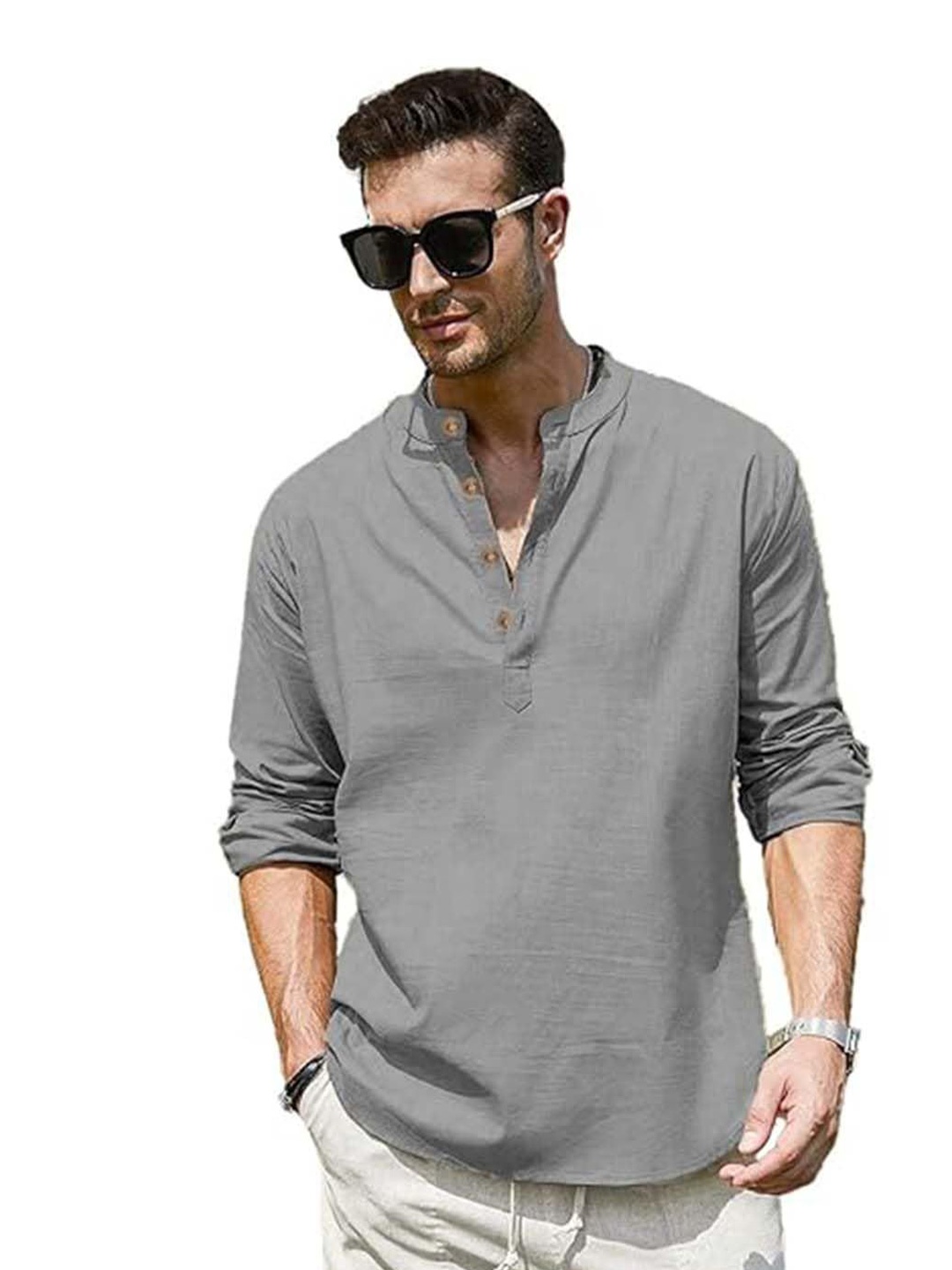 

EdinWolf Men India Slim Fit Band Collar Solid Cotton Casual Shirt, Grey