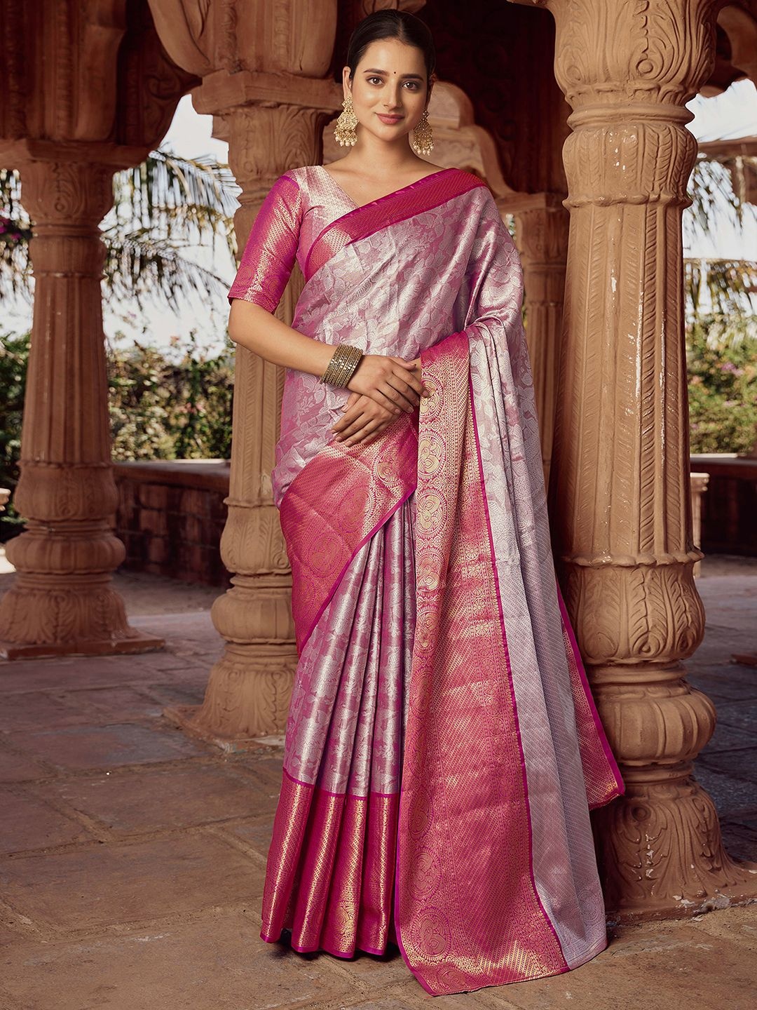 

Satrani Woven Design Zari Kanjeevaram Saree, Pink