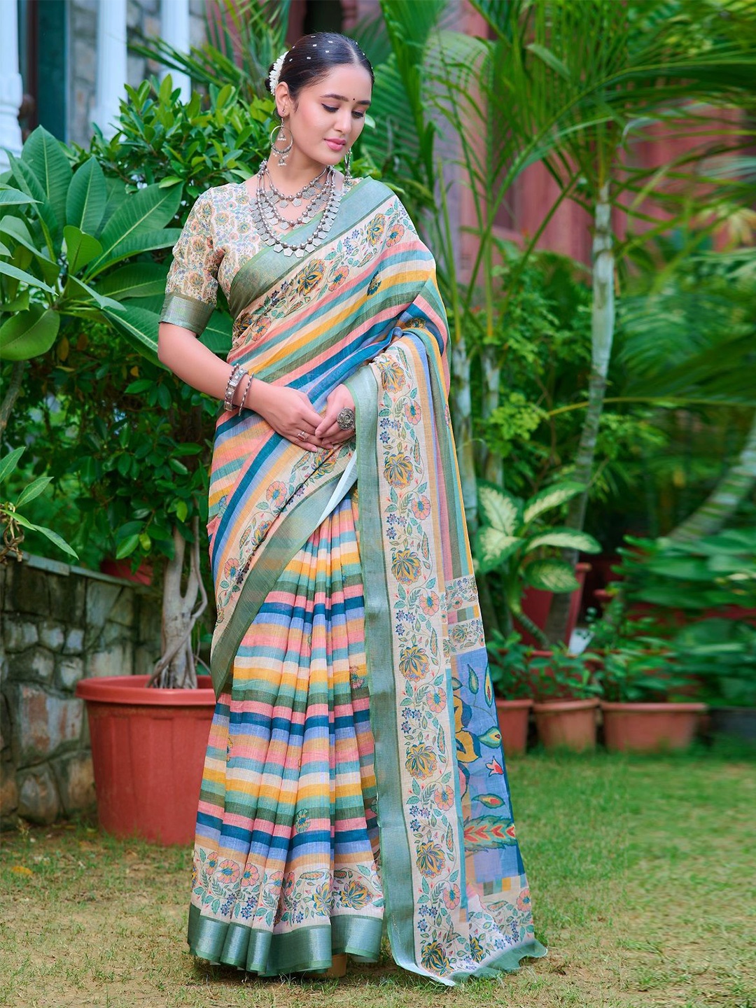 

Nimidiya Printed Zari Border Pure Cotton Saree, Green