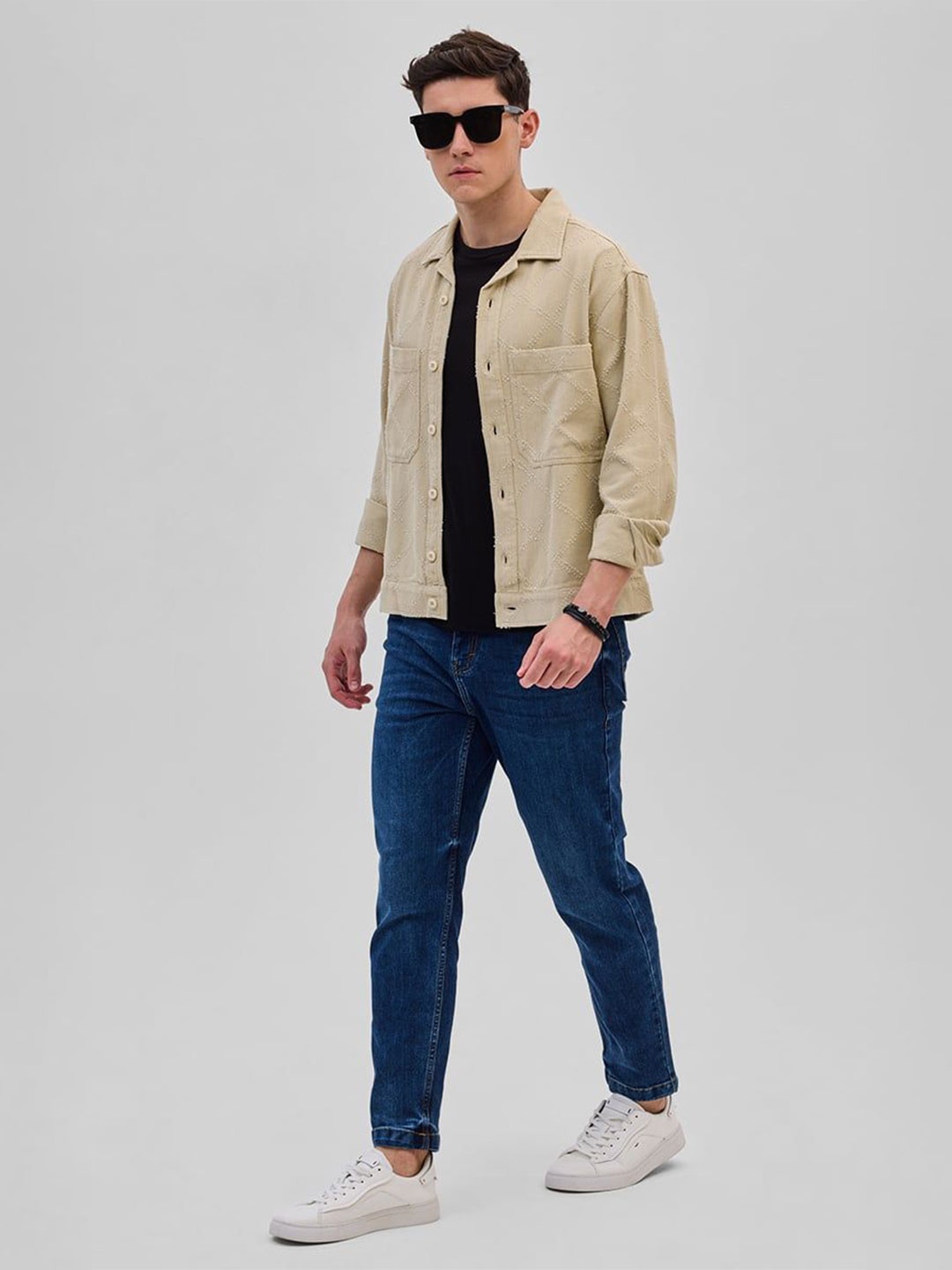 

Snitch Men Textured Relaxed Fit Casual Cotton Shacket, Beige