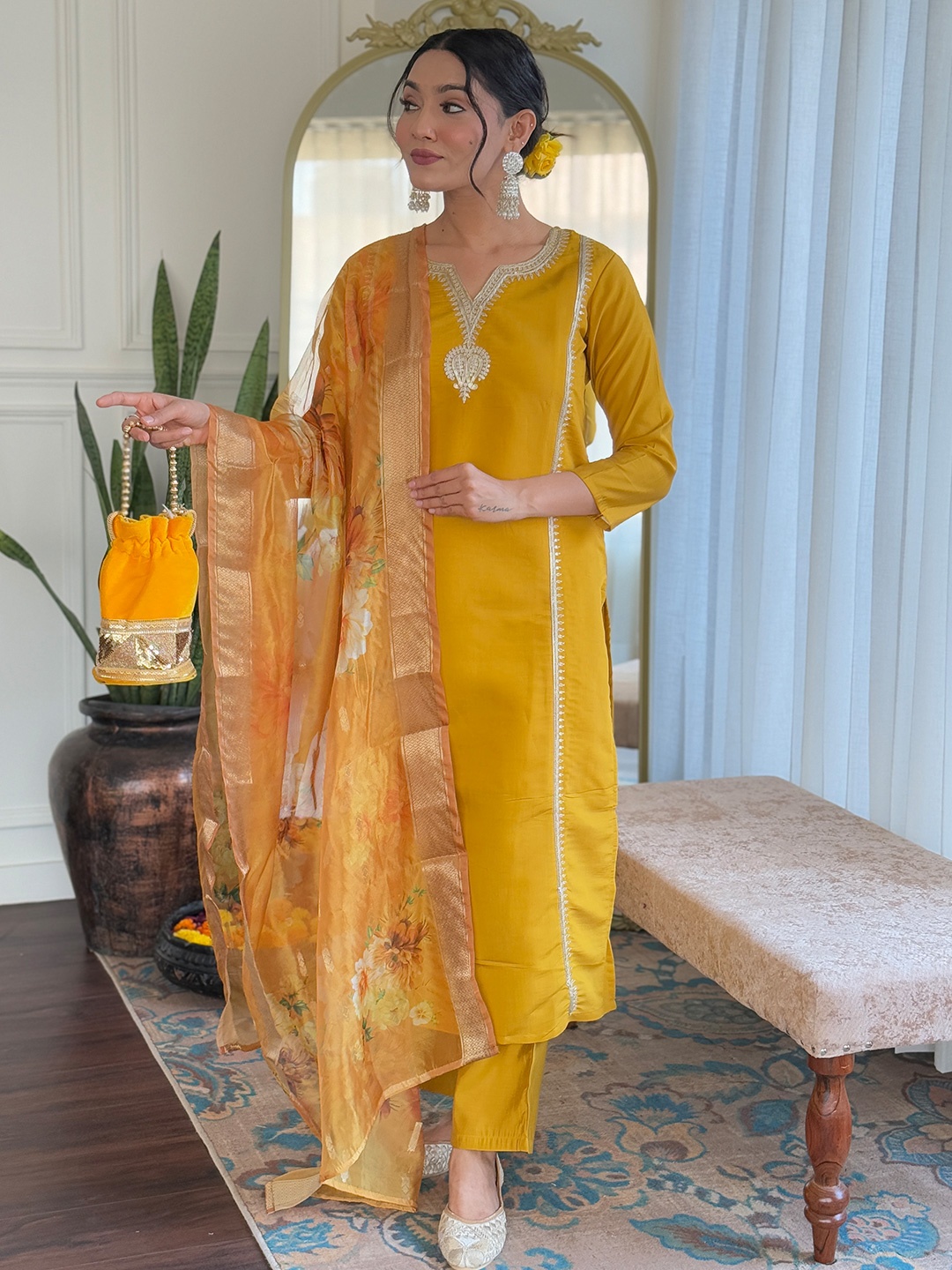 

KALINI Embroidered Notch-Neck Chanderi Straight Kurta With Palazzos And Dupatta, Yellow