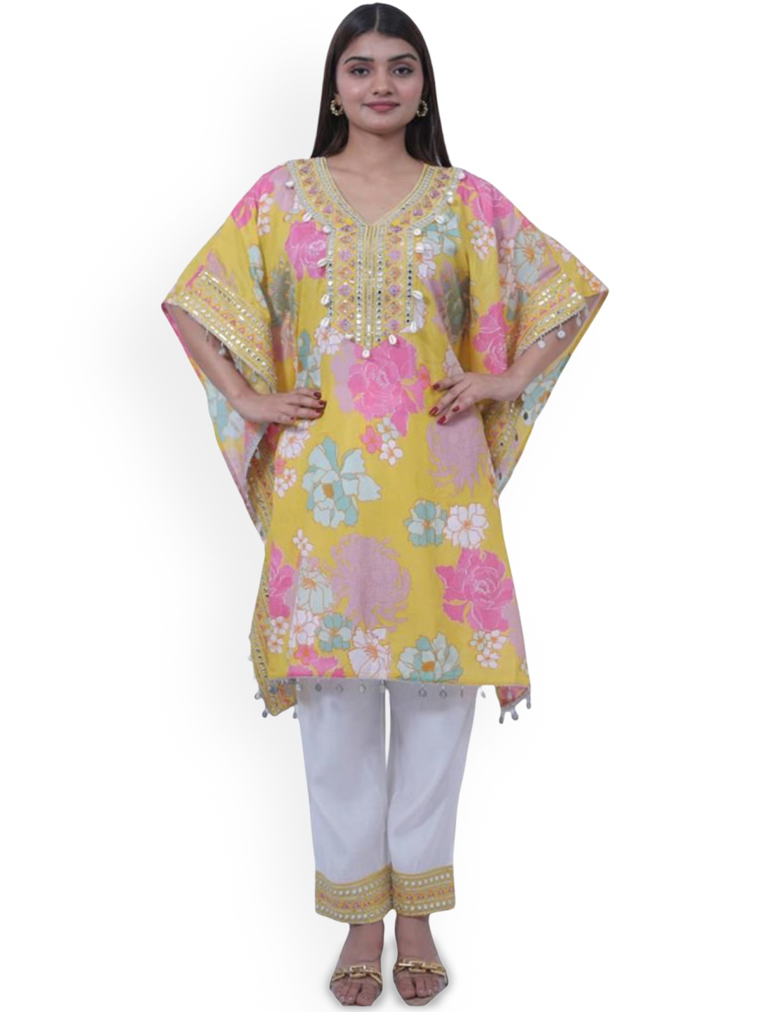 

Wavy Collection Floral Embroidered Pure Silk Kaftan Kurta, Yellow