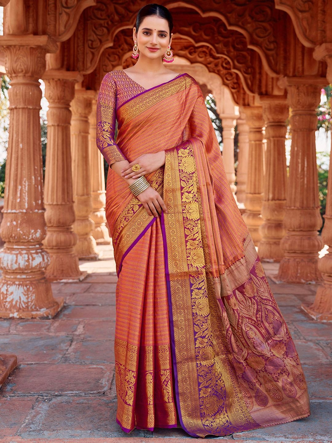 

Satrani Woven Design Zari Pure Silk Saree With Unstitched Blouse Piece, Orange