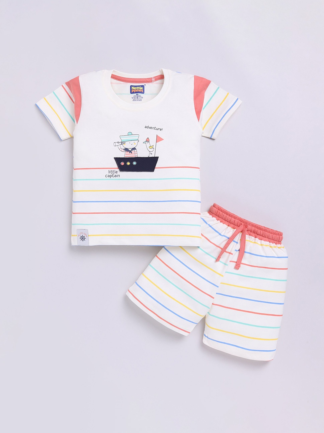 

Nottie Planet Boys Striped Round Neck Pure Cotton T-shirt with Shorts, Coral