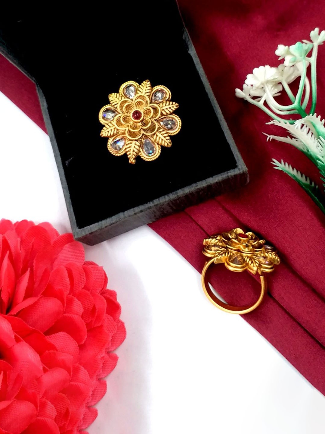 

JYONA Gold-Plated Stone-Studded Adjustable Finger Ring