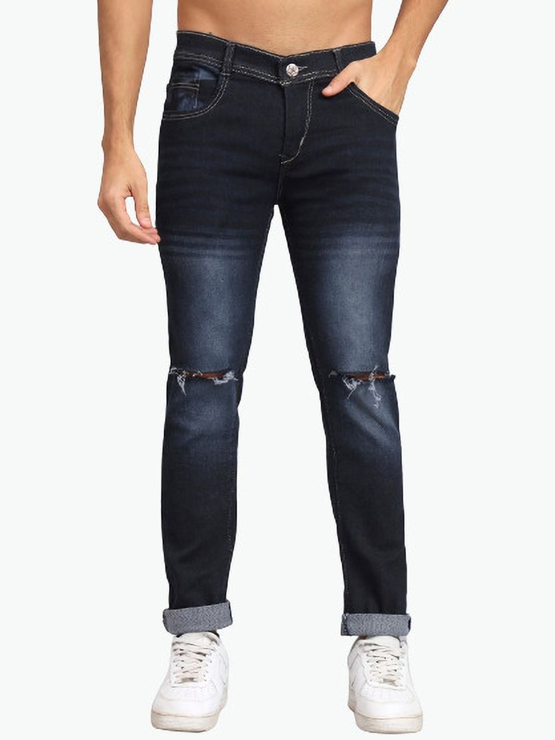 

LINARIA Men Classic Slim Fit Slash Knee Cotton Heavy Fade Jeans, Blue