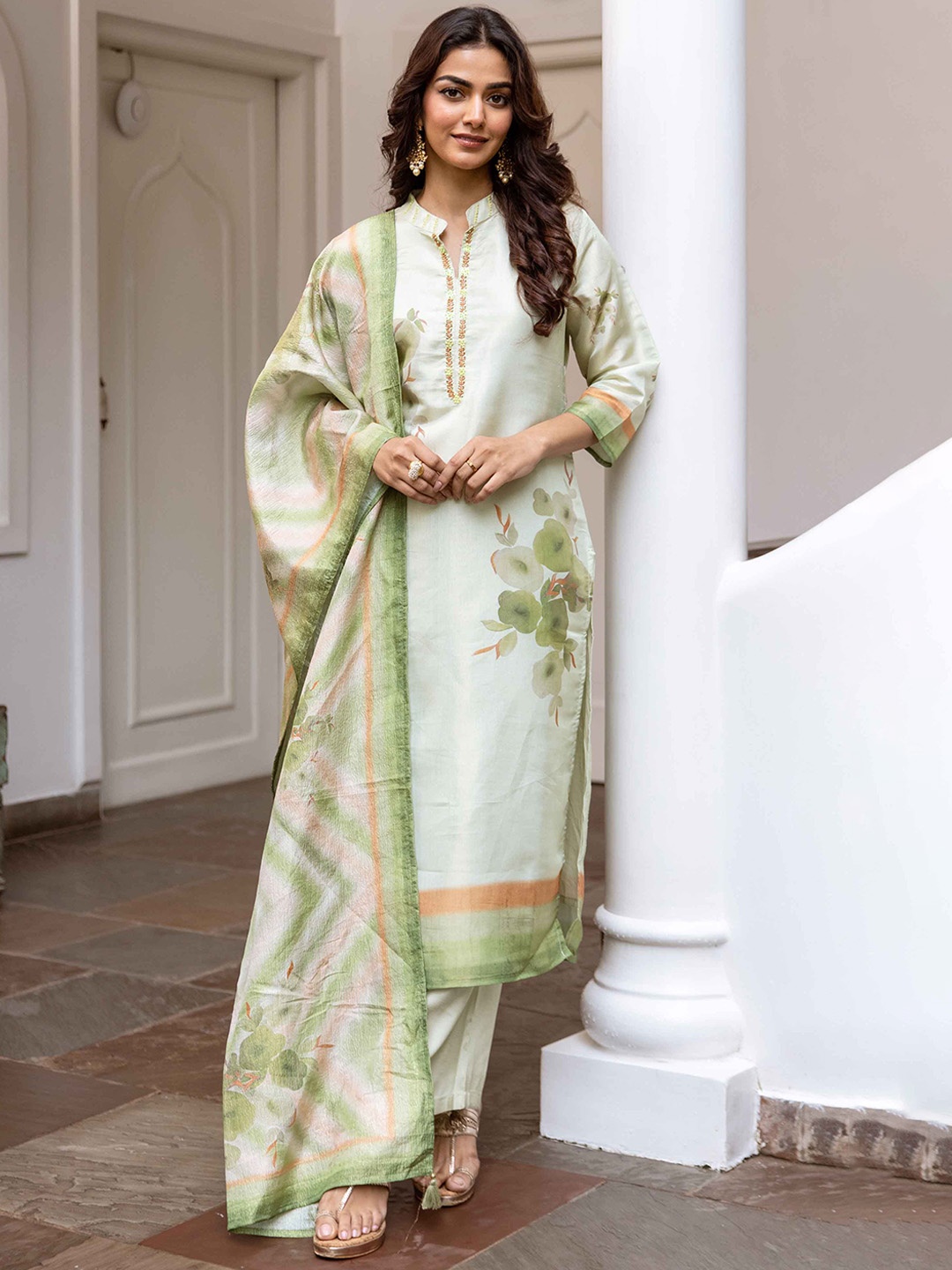 

KALINI Floral Printed Straight Kantha Work Chanderi Silk Kurta With Palazzos And Dupatta, Green