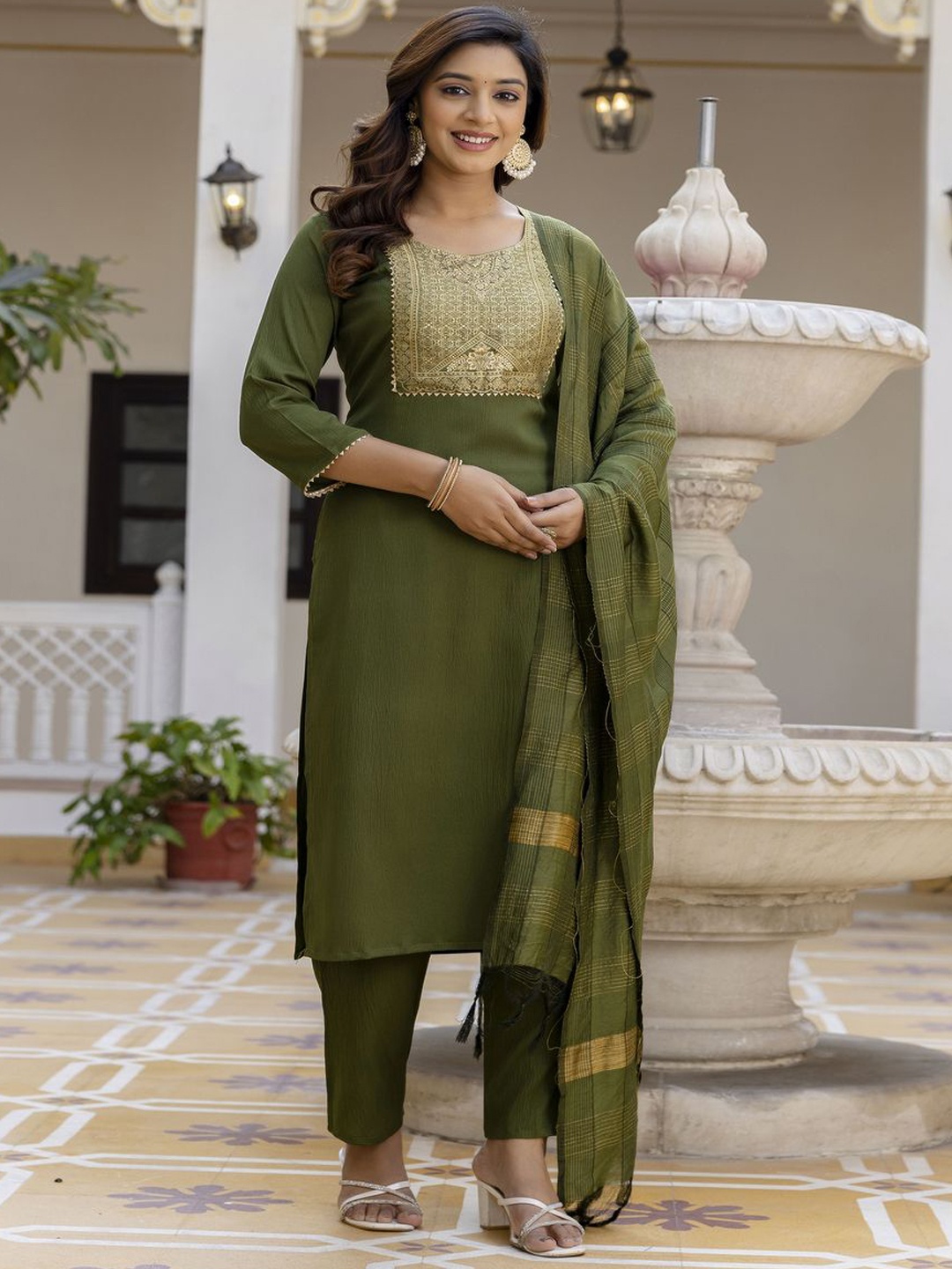 

BLACK SCISSOR Floral Yoke Design Round Neck Straight Kurta With Trousers & Dupatta, Olive