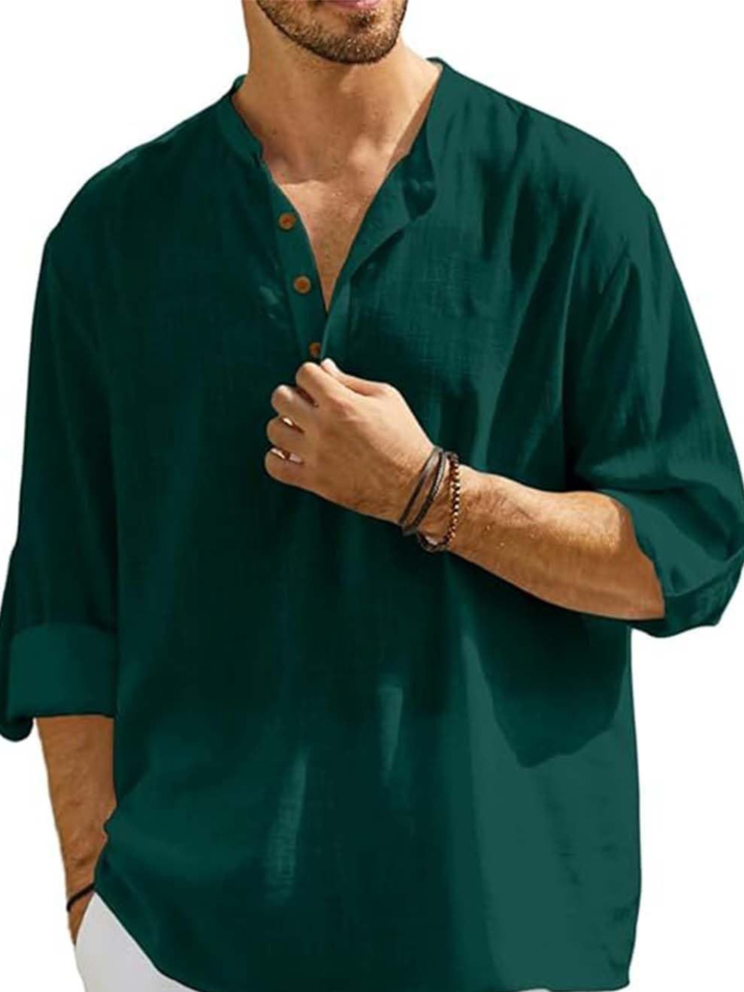

EdinWolf Men India Slim Fit Band Collar Solid Cotton Casual Shirt, Green