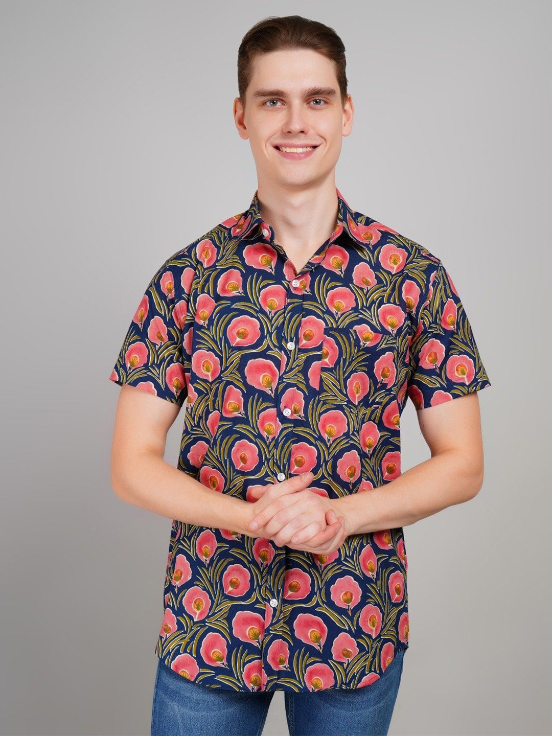 

LOUIS MONARCH Men Regular Fit Spread Collar Floral Printed Cotton Casual Shirt, Blue