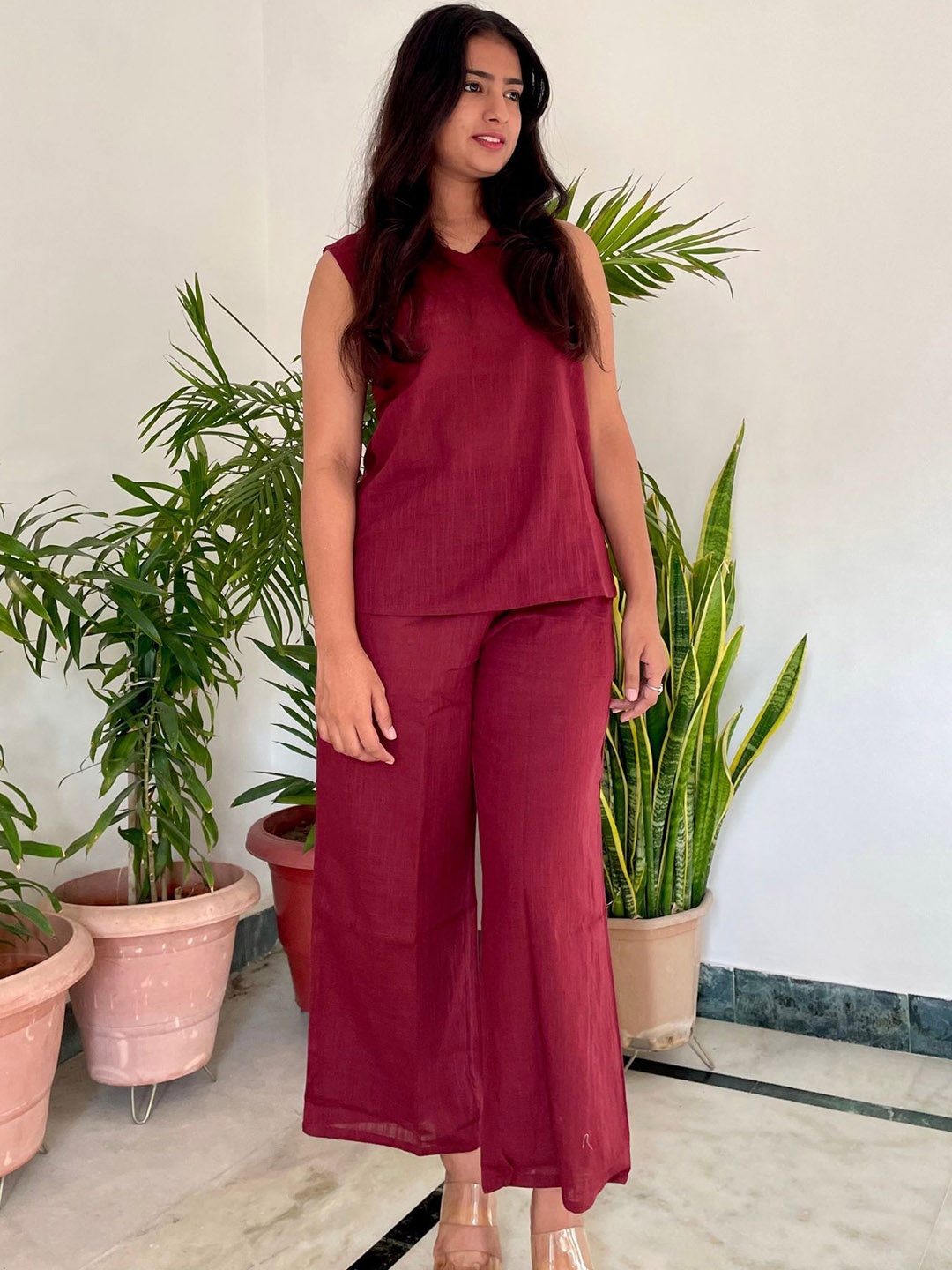 

Noor by Hansa Cotton V-Neck Sleeveless Top With Palazzo, Maroon