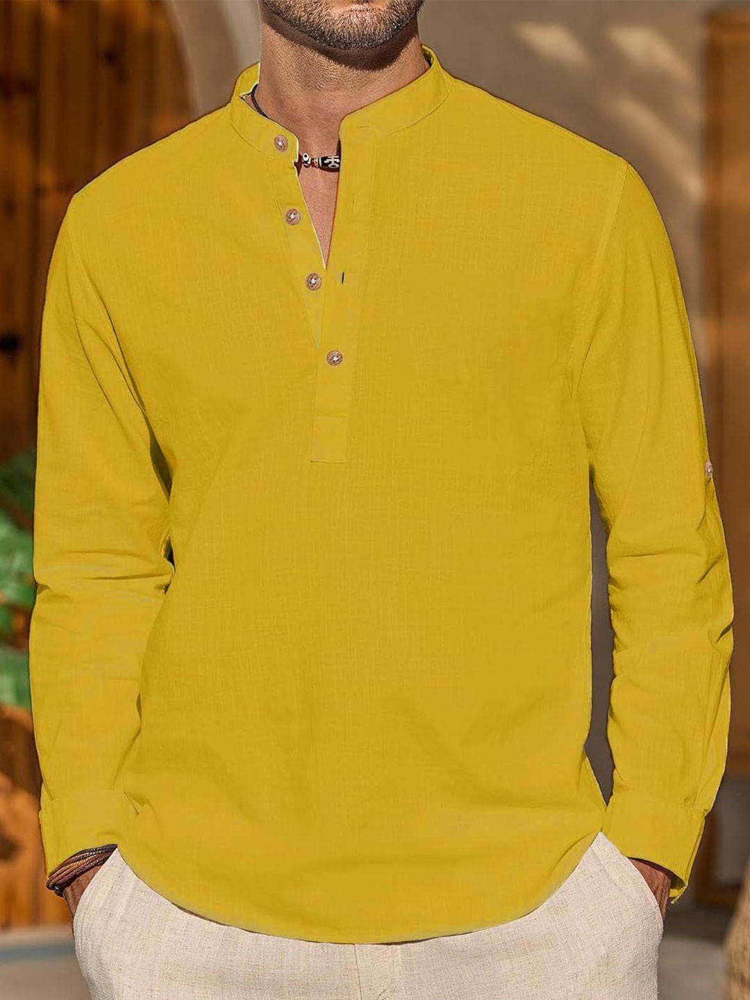 

EdinWolf Men India Slim Fit Band Collar Solid Cotton Casual Shirt, Yellow