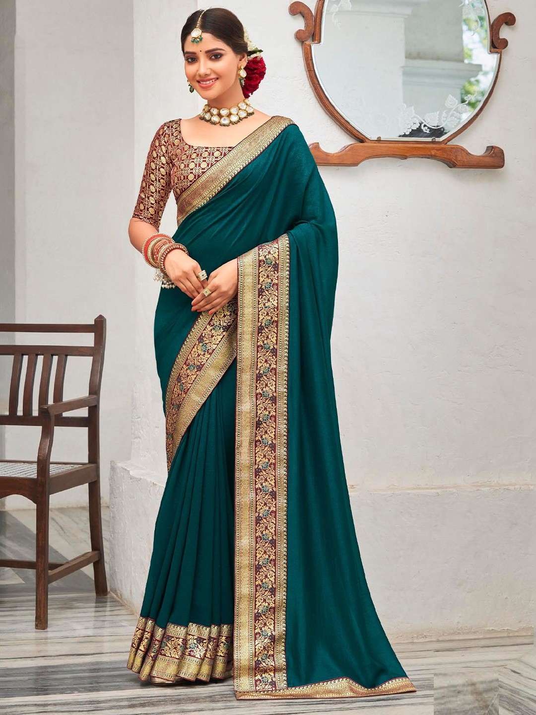 

MAHALASA Woven Design Saree, Teal