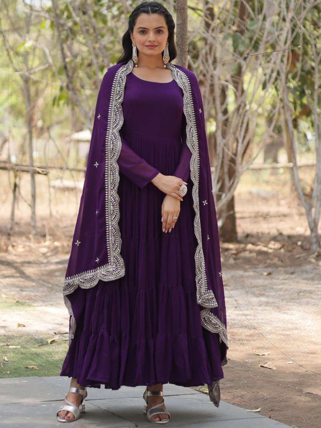 

ZIBLON Women Round-Neck Ethnic Maxi Gown With Embroidered Dupatta, Purple