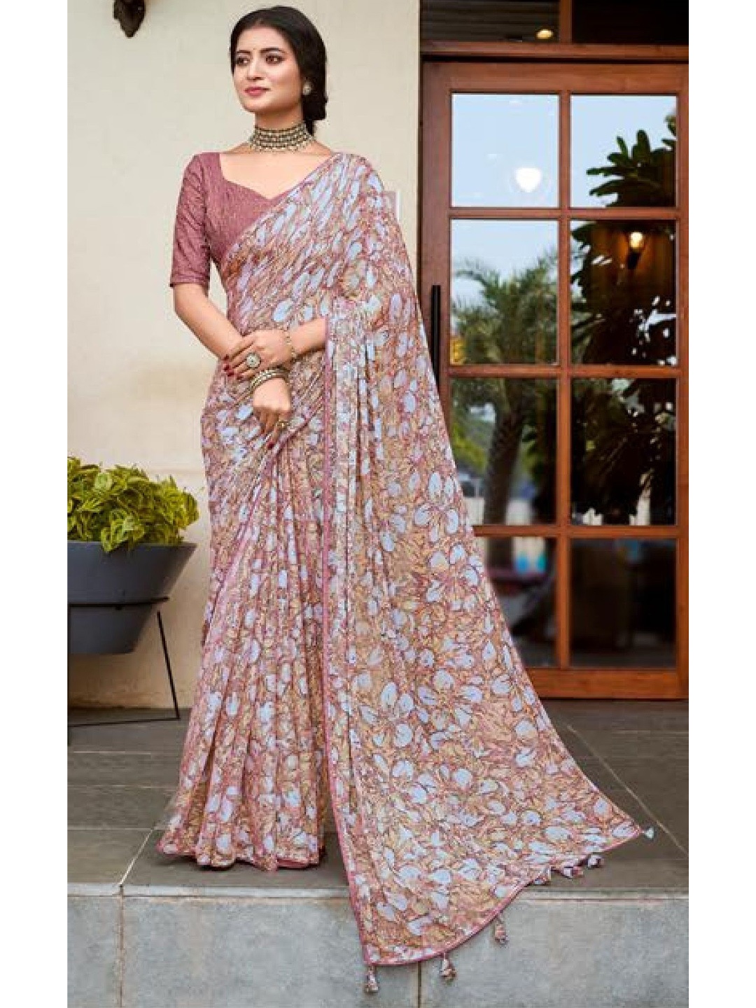 

MAHALASA Ethnic Motifs Pure Georgette Designer Saree, Beige