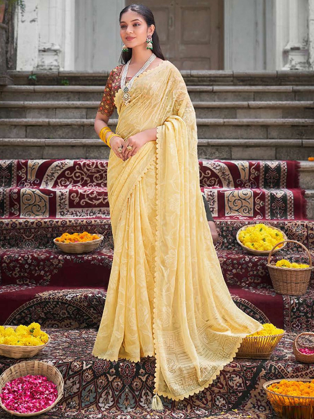 

MAHALASA Ethnic Motifs Printed Pure Chiffon Saree, Yellow