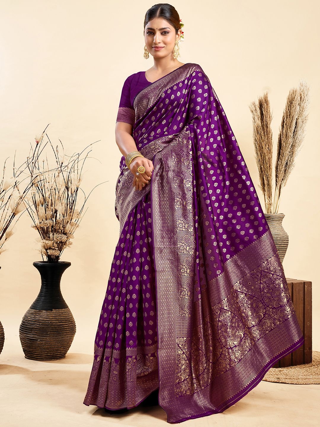 

HERE&NOW Woven Design Printed Zari Designer Paithani Saree, Purple