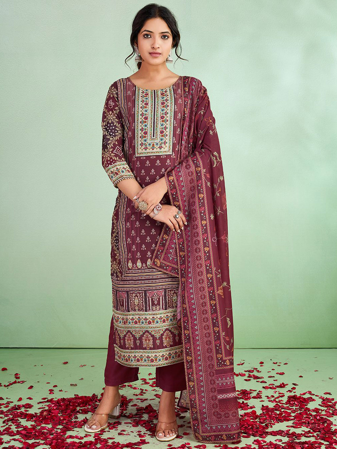 

SUAAC Floral Printed Straight Kurta With Trousers And Dupatta, Maroon