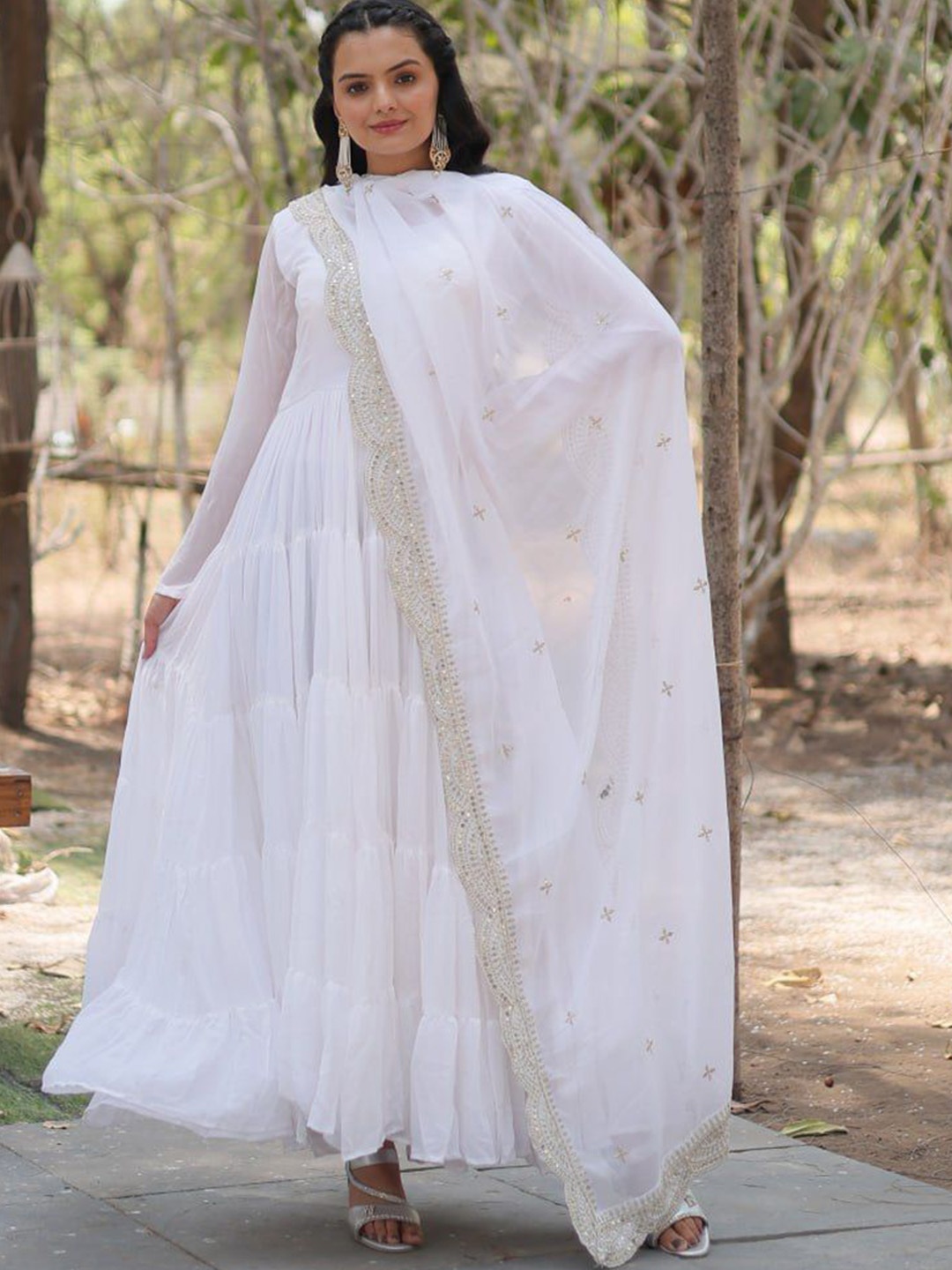 

ZIBLON Women Embellished Georgette Maxi Gown Ethnic Dress With Dupatta, White