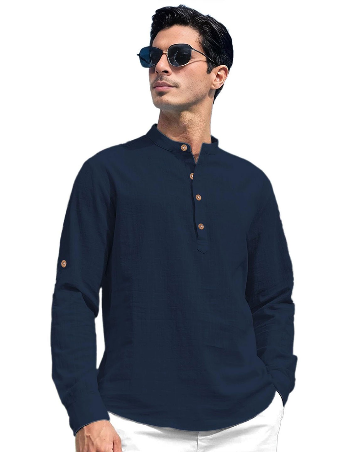 

EdinWolf Men India Slim Fit Band Collar Solid Cotton Casual Shirt, Navy blue