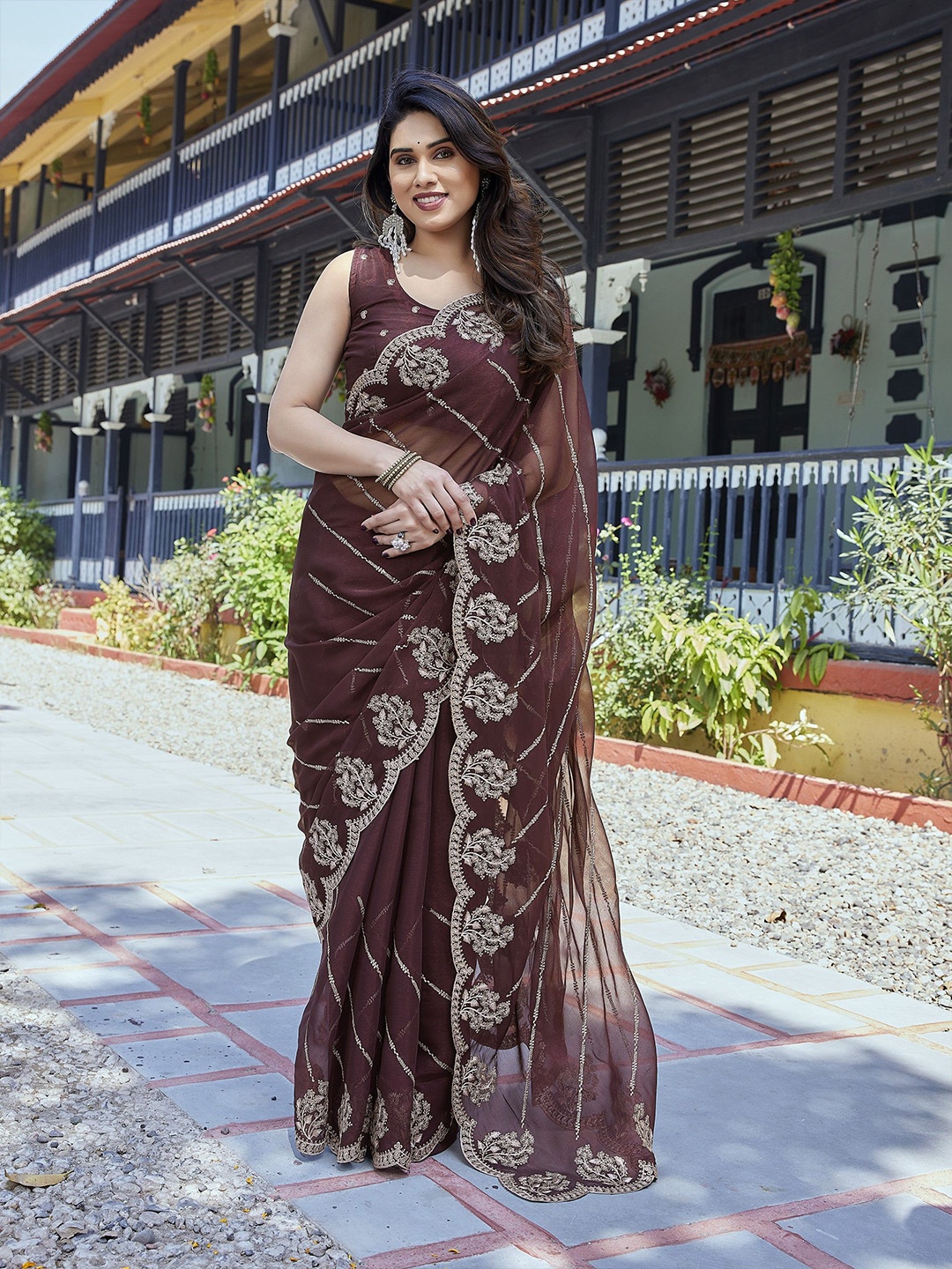 

Nirmohi Fashion Woven Design Embroidered Organza Saree, Brown