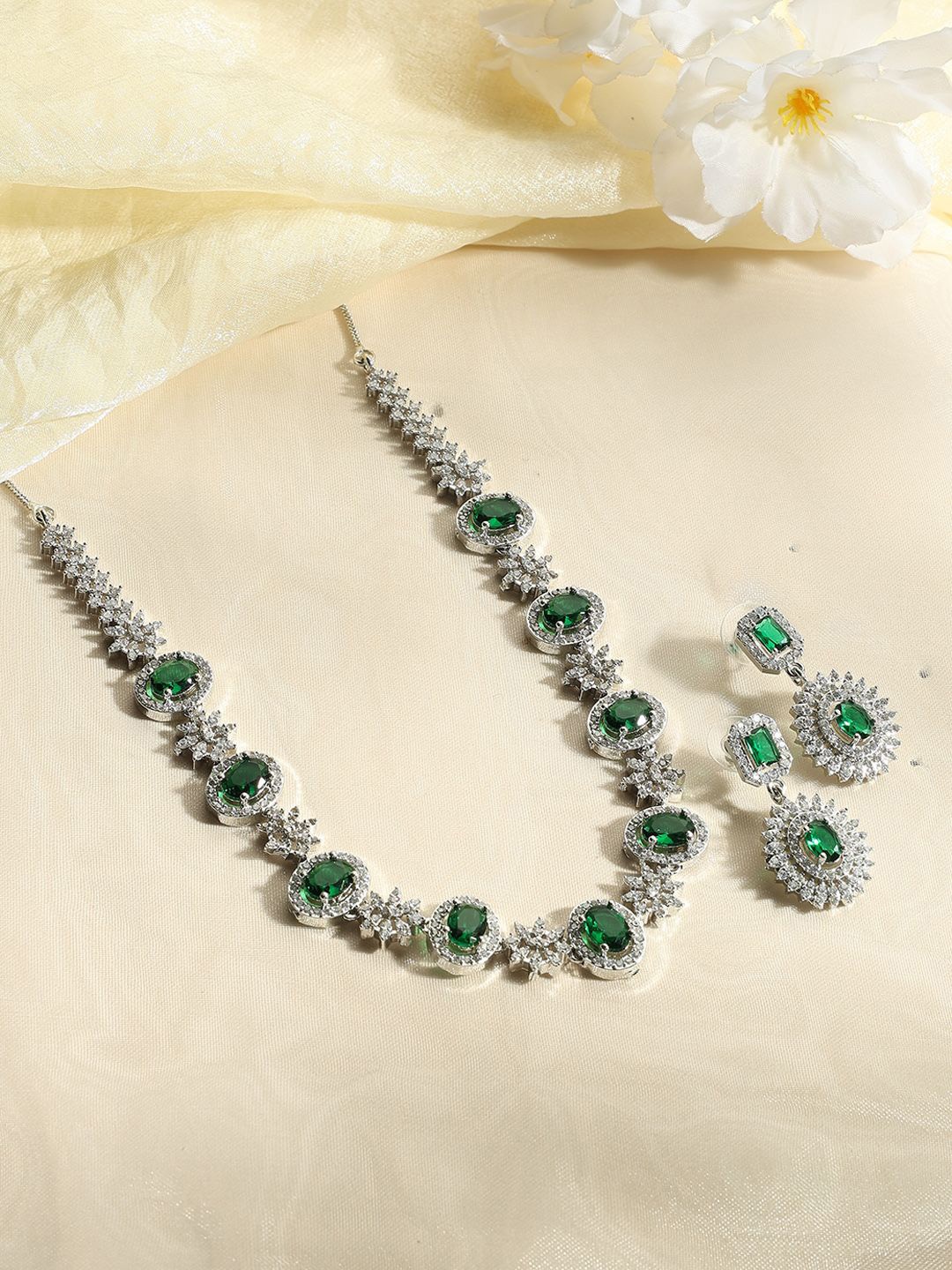 

justpeachy Rhodium Plated American Diamond Studded Jewellery Set, Silver