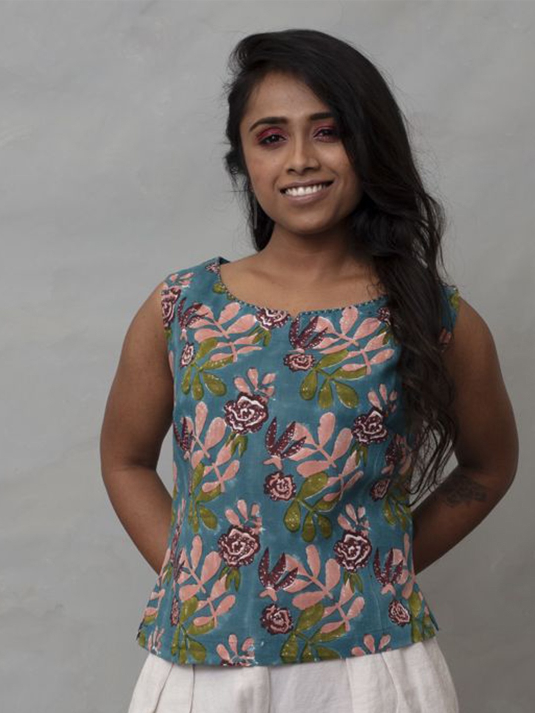 

WildMoss Floral Print Cotton Top, Teal