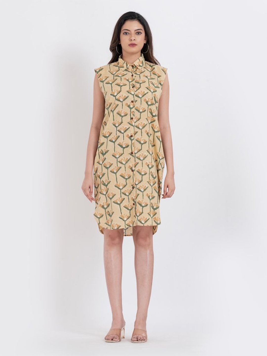 

Kartikeya Jaipur Women Floral Print Cotton Shirt Dress, Beige