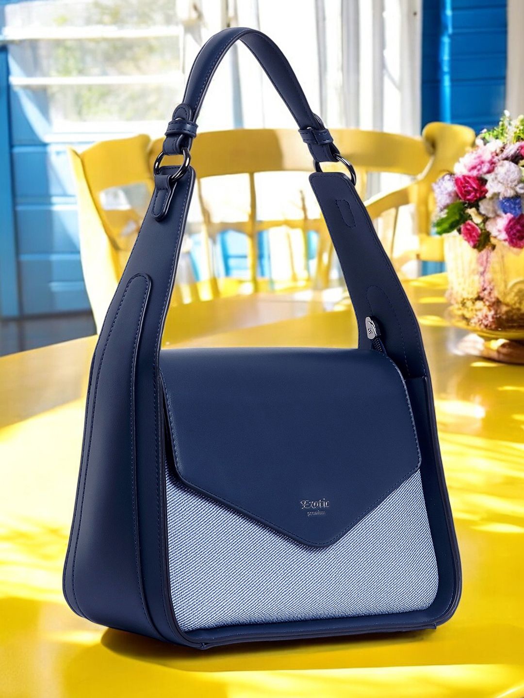 

Exotic Women Colourblocked Structured Leather Handheld Bag, Navy blue