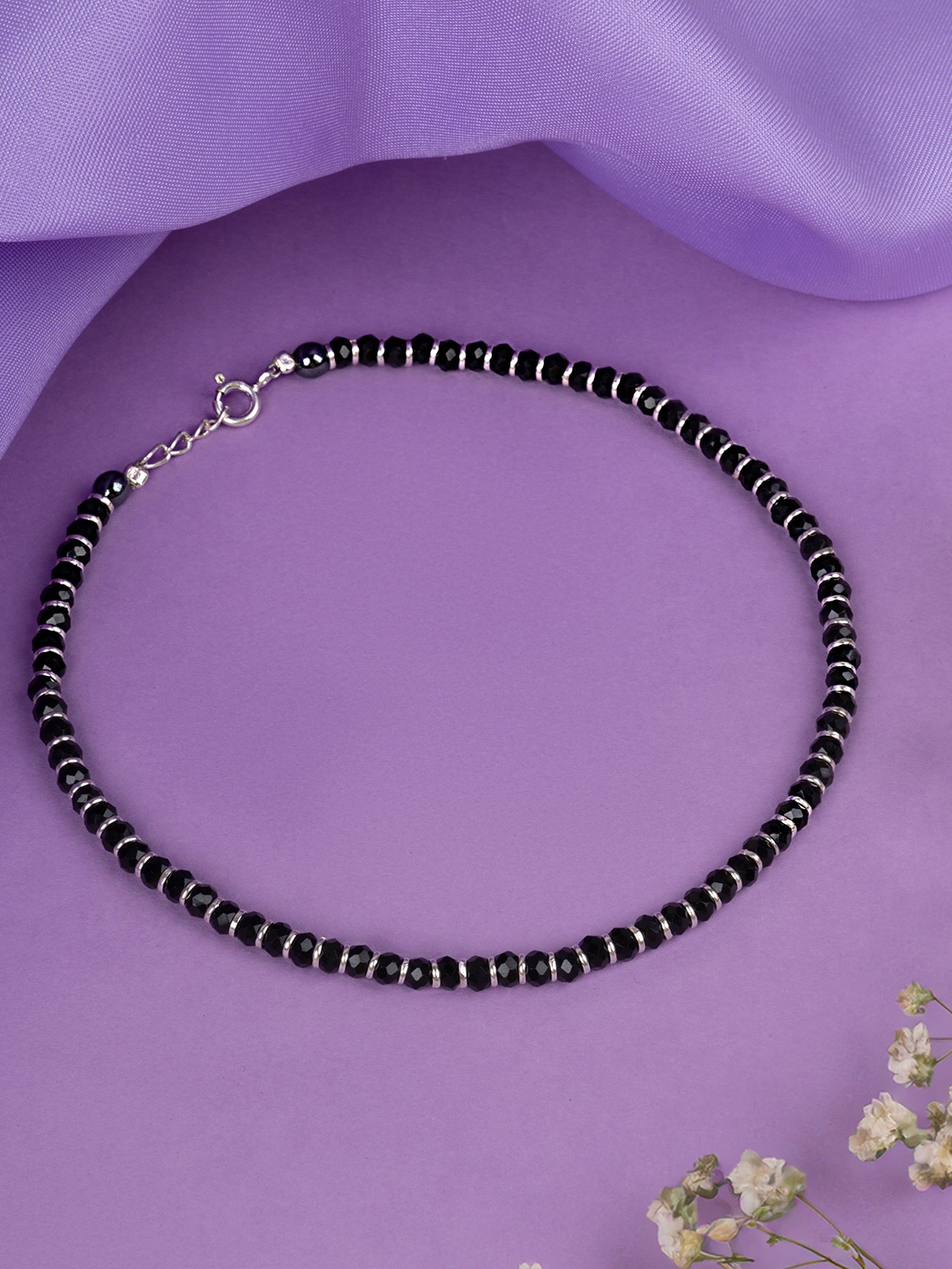 

RACHIVA 925 Sterling Silver Black Beaded Nazariya Anklet