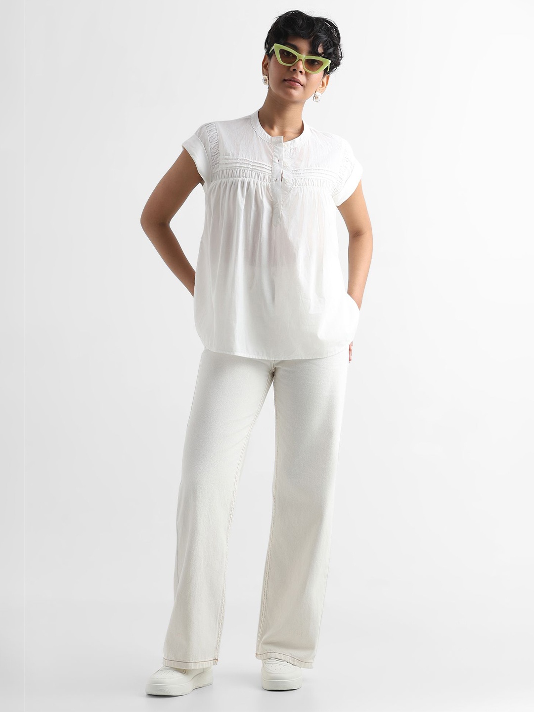 

YUVAKAA Women Comfort Solid Mandarin Collar Cotton Casual Top, White